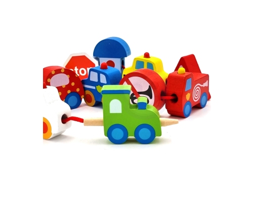 WOOPIE GREEN Drewniane Klocki do Nawlekania Pojazdy Samochody 13 el.