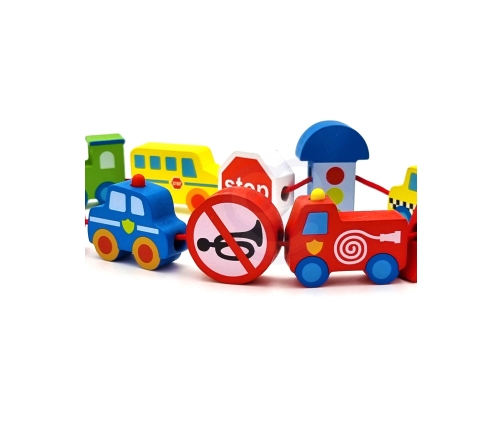 WOOPIE GREEN Drewniane Klocki do Nawlekania Pojazdy Samochody 13 el.