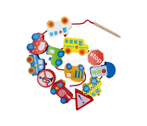 WOOPIE GREEN Drewniane Klocki do Nawlekania Pojazdy Samochody 13 el.