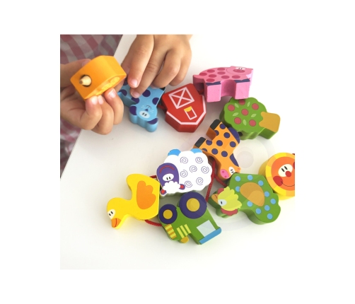 WOOPIE GREEN Drewniane Klocki do Nawlekania Zwierzęta Farma 13 el.