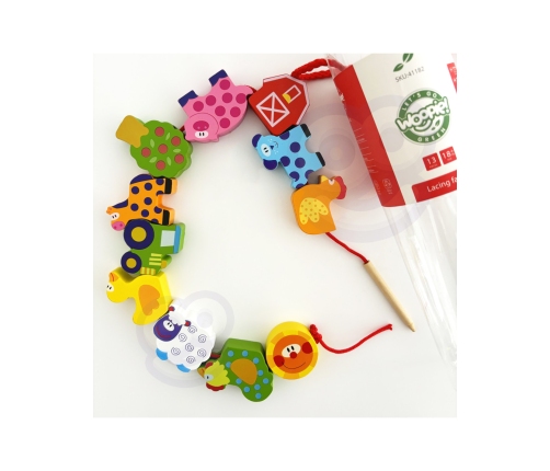 WOOPIE GREEN Drewniane Klocki do Nawlekania Zwierzęta Farma 13 el.