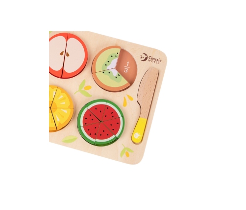 CLASSIC WORLD Drewniane Owoce do Krojenia na Rzepy + Nauka Ułamków i Dzielenia MONTESSORI 23 el.