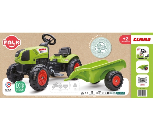 FALK Traktor Claas Zielony na Pedały z Przyczepą + Klakson od 2 Lat.