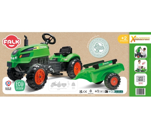 FALK Traktorek X Tractor Zielony z Przyczepką Klakson od 2 Lat