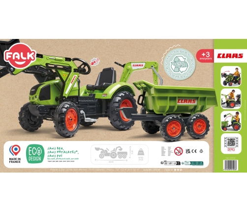 Traktors ar pedāļiem ar kausu un piekabi FALK CLAAS AVEC Green