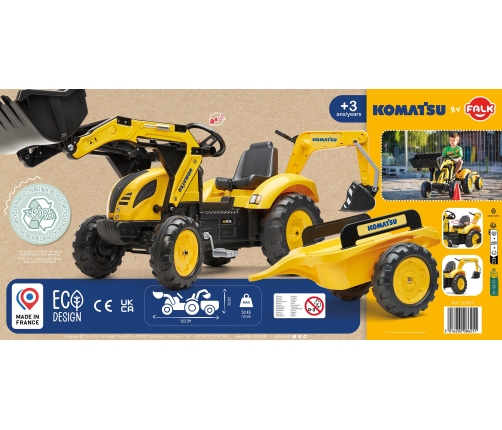 Traktors ar pedāļiem ar kausu un piekabi FALK KOMATSU Yellow