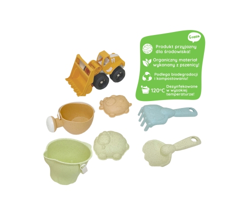 WOOPIE GREEN Zestaw do Piasku + Koparka w Wiaderku 7 el. BIODEGRADOWALNY ORGANICZNY MATERIAŁ