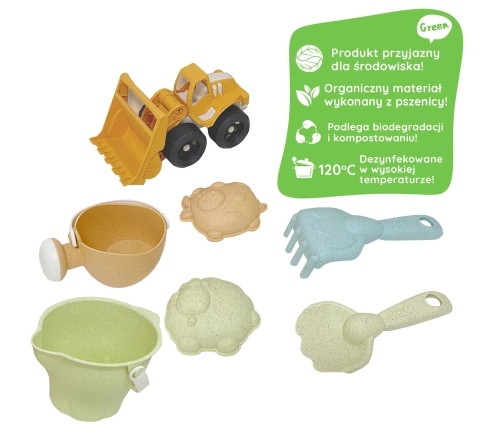 WOOPIE GREEN Zestaw do Piasku + Koparka w Wiaderku 7 el. BIODEGRADOWALNY ORGANICZNY MATERIAŁ