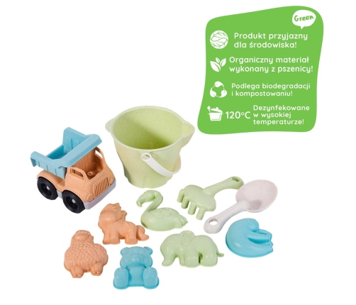 WOOPIE GREEN Zestaw do Piasku w Wiaderku z Samochodem 11 el. BIODEGRADOWALNY ORGANICZNY MATERIAŁ