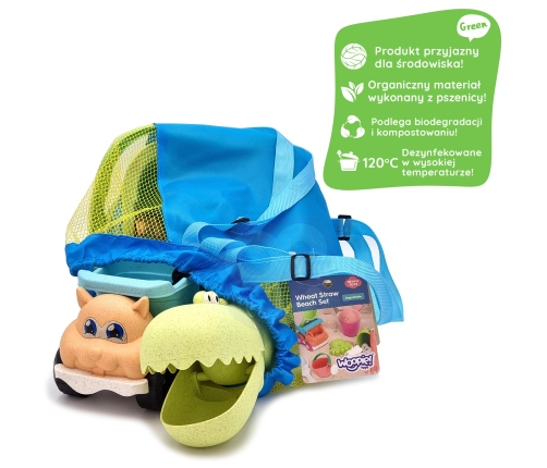 WOOPIE GREEN Zestaw do Piasku z Wiaderkiem i Łopatką Krokodyl w Plecaku 10 el. BIODEGRADOWALNY ORGANICZNY MATERIAŁ