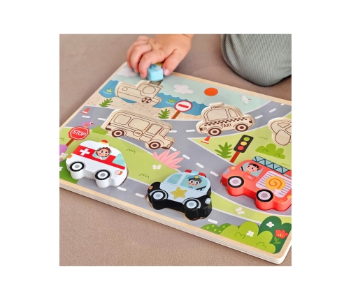 Tooky Toy Drewniane Puzzle Montessori Pojazdy Samochody Samolot Statek Miasto Dopasuj Kształty