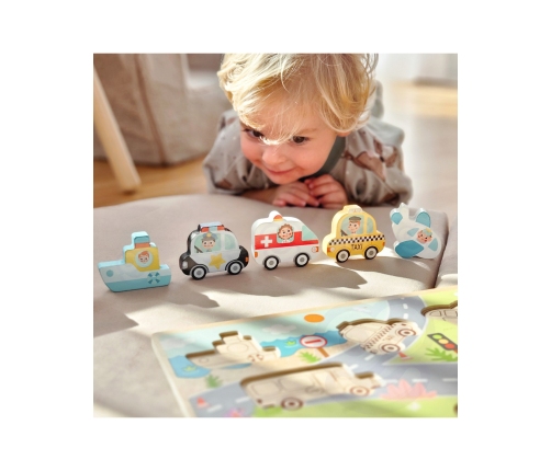 Tooky Toy Drewniane Puzzle Montessori Pojazdy Samochody Samolot Statek Miasto Dopasuj Kształty