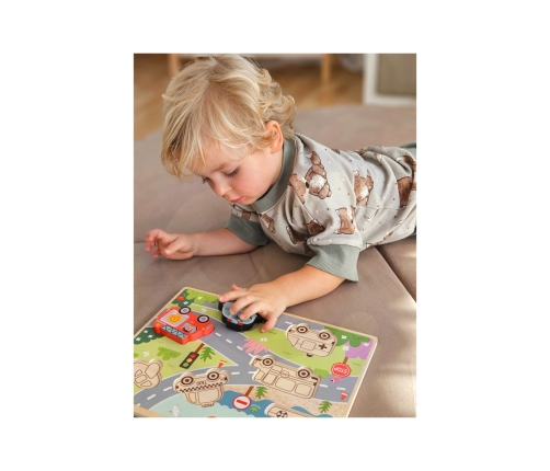 Tooky Toy Drewniane Puzzle Montessori Pojazdy Samochody Samolot Statek Miasto Dopasuj Kształty