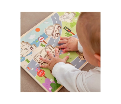 Tooky Toy Drewniane Puzzle Montessori Pojazdy Samochody Samolot Statek Miasto Dopasuj Kształty