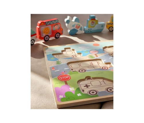 Tooky Toy Drewniane Puzzle Montessori Pojazdy Samochody Samolot Statek Miasto Dopasuj Kształty