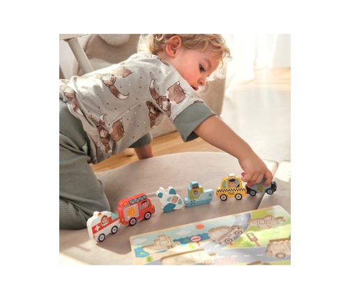 Tooky Toy Drewniane Puzzle Montessori Pojazdy Samochody Samolot Statek Miasto Dopasuj Kształty