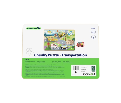 Tooky Toy Drewniane Puzzle Montessori Pojazdy Samochody Samolot Statek Miasto Dopasuj Kształty