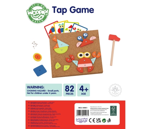 WOOPIE GREEN Drewniana Przybijanka z Młotkiem Układanka 20 wzorów 82 el. Certyfikat FSC