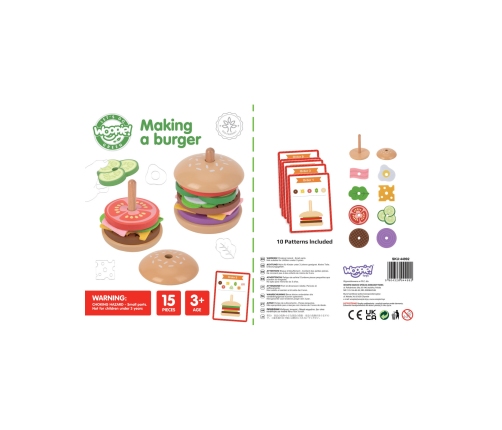WOOPIE GREEN Drewniany Burger Restauracja Układanka dla Dzieci 15 el. Certyfikat FSC