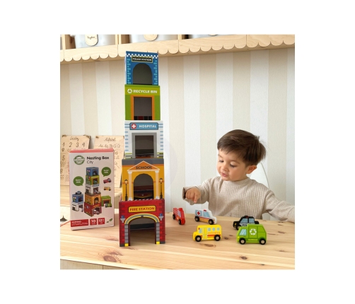 WOOPIE GREEN Układanka Kostki Miasto Pojazdy w Pudełkach + Figurki 10 el.