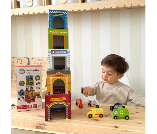 WOOPIE GREEN Układanka Kostki Miasto Pojazdy w Pudełkach + Figurki 10 el.