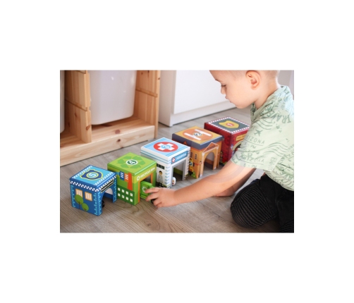 WOOPIE GREEN Układanka Kostki Miasto Pojazdy w Pudełkach + Figurki 10 el.