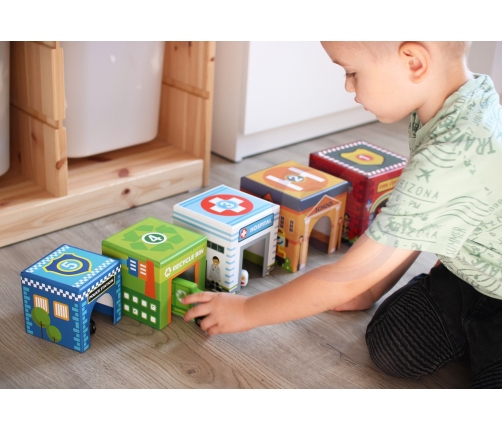 WOOPIE GREEN Układanka Kostki Miasto Pojazdy w Pudełkach + Figurki 10 el.