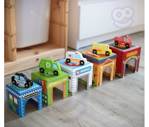 WOOPIE GREEN Układanka Kostki Miasto Pojazdy w Pudełkach + Figurki 10 el.