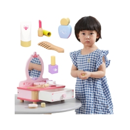 VIGA Drewniana Toaletka Różowa Do Makijażu z Lustrem + Akcesoria