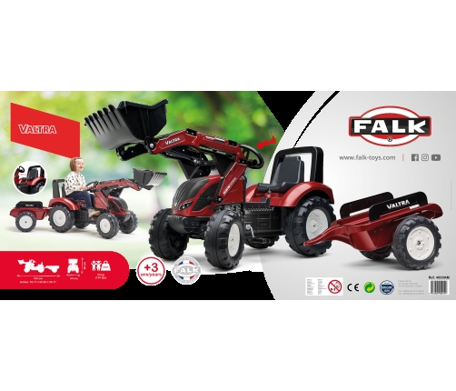 FALK Traktor Valtra Bordowy na Pedały z Przyczepką i Łyżką od 3 Lat