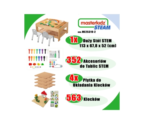 MASTERKIDZ Drewniany Stół Edukacyjny + AKCESORIA STEM WALL + 563 Klocków