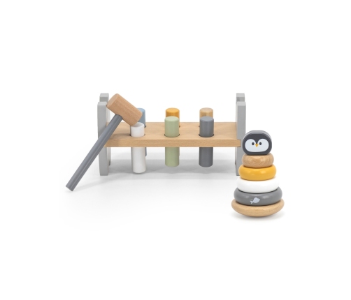 VIGA PolarB Zestaw Drewniana Piramidka + Przebijanka z Młoteczkiem Pingwinek Montessori