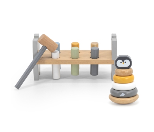 VIGA PolarB Zestaw Drewniana Piramidka + Przebijanka z Młoteczkiem Pingwinek Montessori