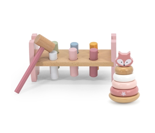 VIGA PolarB Zestaw Drewniana Piramidka + Przebijanka z Młoteczkiem Lisek Montessori