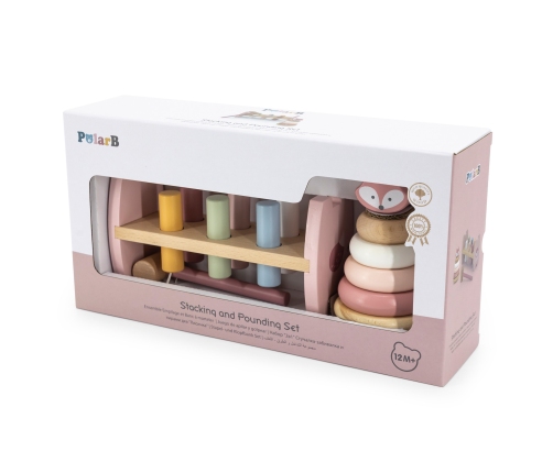 VIGA PolarB Zestaw Drewniana Piramidka + Przebijanka z Młoteczkiem Lisek Montessori