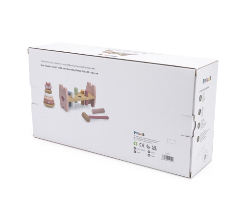 VIGA PolarB Zestaw Drewniana Piramidka + Przebijanka z Młoteczkiem Lisek Montessori