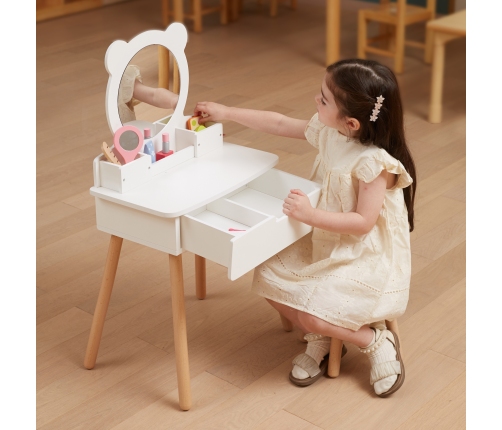 VIGA Duża Toaletka Drewniana Biała z Lustrem i Krzesełkiem