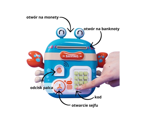 WOOPIE Elektroniczna Skarbonka Sejf Bankomat na Pin Kod Dostępu Krab Plecak Niebieski
