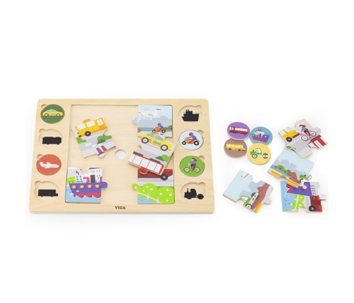 VIGA Drewniane Puzzle Odgadnij po Cieniu  - Środki Transportu Układanka 17 el.