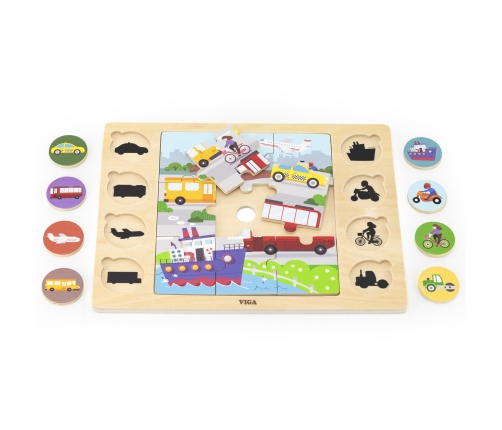 VIGA Drewniane Puzzle Odgadnij po Cieniu  - Środki Transportu Układanka 17 el.