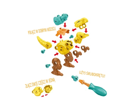 WOOPIE Zestaw Dinozaury do Skręcania 3 szt. Zestaw Konstrukcyjny w Pudełku + Wiertarka i Śrubokręt