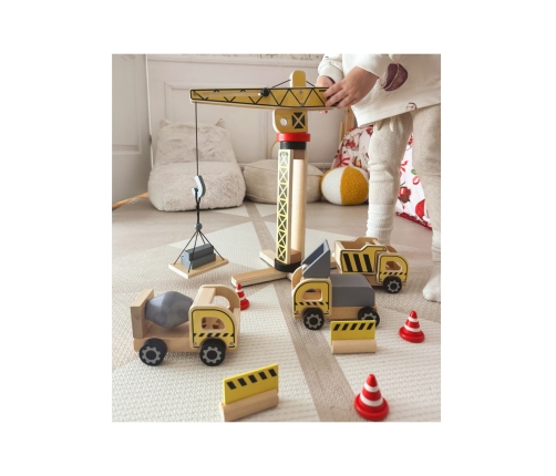 WOOPIE GREEN Drewniany Plac Budowy 5w1 Ruchomy Dźwig XXL Pojazdy Budowlane 13 el. FSC