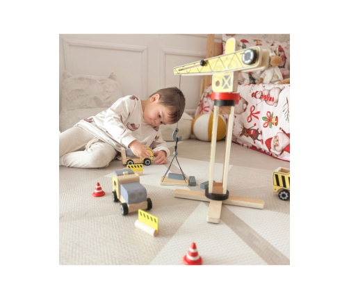 WOOPIE GREEN Drewniany Plac Budowy 5w1 Ruchomy Dźwig XXL Pojazdy Budowlane 13 el. FSC