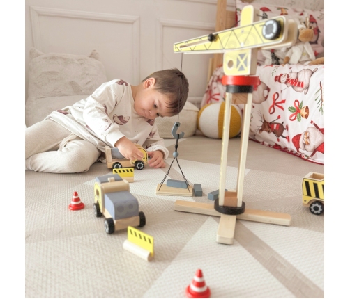 WOOPIE GREEN Drewniany Plac Budowy 5w1 Ruchomy Dźwig XXL Pojazdy Budowlane 13 el. FSC