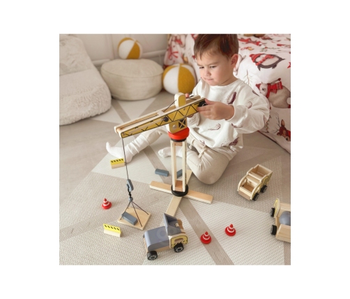 WOOPIE GREEN Drewniany Plac Budowy 5w1 Ruchomy Dźwig XXL Pojazdy Budowlane 13 el. FSC