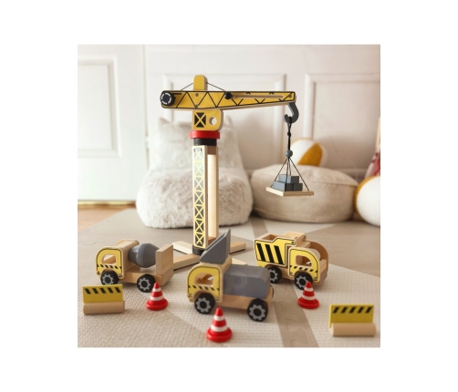 WOOPIE GREEN Drewniany Plac Budowy 5w1 Ruchomy Dźwig XXL Pojazdy Budowlane 13 el. FSC