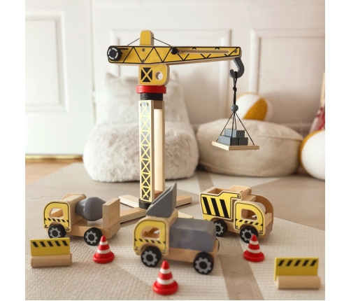 WOOPIE GREEN Drewniany Plac Budowy 5w1 Ruchomy Dźwig XXL Pojazdy Budowlane 13 el. FSC