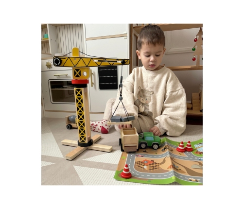 WOOPIE GREEN Drewniany Plac Budowy 5w1 Ruchomy Dźwig XXL Pojazdy Budowlane 13 el. FSC