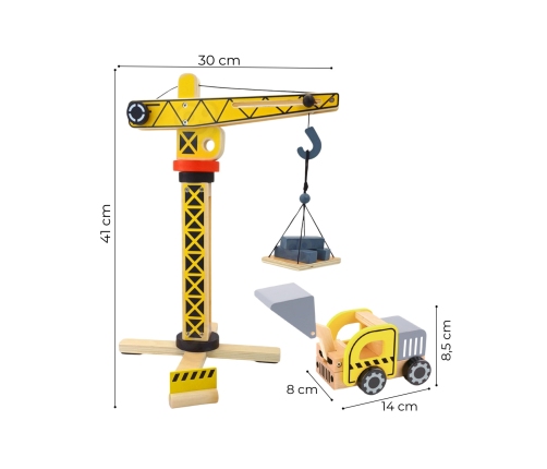 WOOPIE GREEN Drewniany Plac Budowy 5w1 Ruchomy Dźwig XXL Pojazdy Budowlane 13 el. FSC