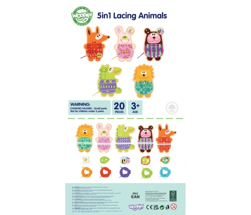 WOOPIE GREEN Drewniana Sznurowanka 5w1 Zwierzątka do Nawlekania